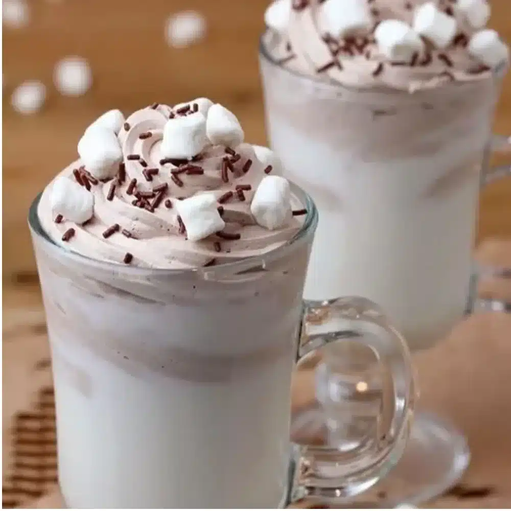 Delicious whipped hot chocolate topped with whipped cream and chocolate shavings