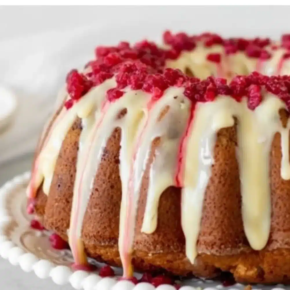 Delicious White Chocolate Raspberry Bundt Cake with fresh raspberries and white chocolate drizzle.