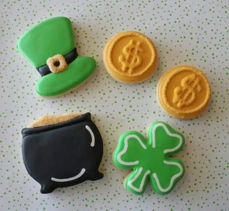 Decorated St. Patrick's Day cookies including shamrock and sugar cookies