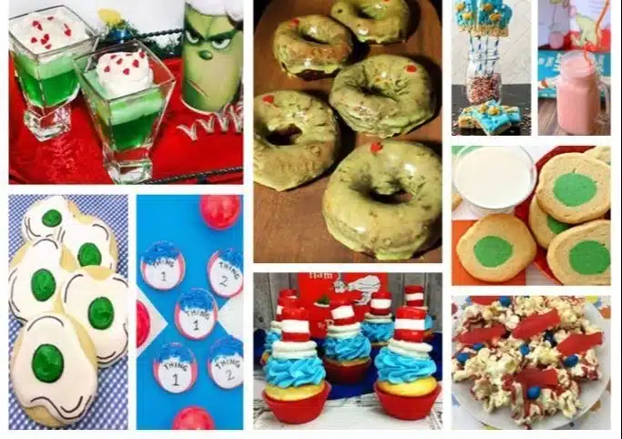 Variety of colorful Dr. Seuss themed food and drink recipes for kids.