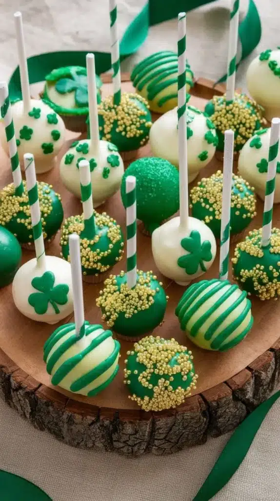 A variety of St. Patrick's Day treats including green desserts and festive snacks.