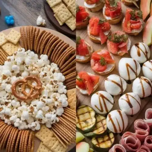 Beautifully arranged charcuterie board with cheeses, meats, and fruits