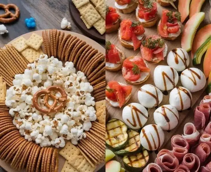 Beautifully arranged charcuterie board with cheeses, meats, and fruits