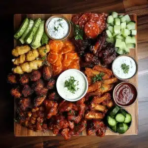 Delicious chicken wing charcuterie board with dips and sides