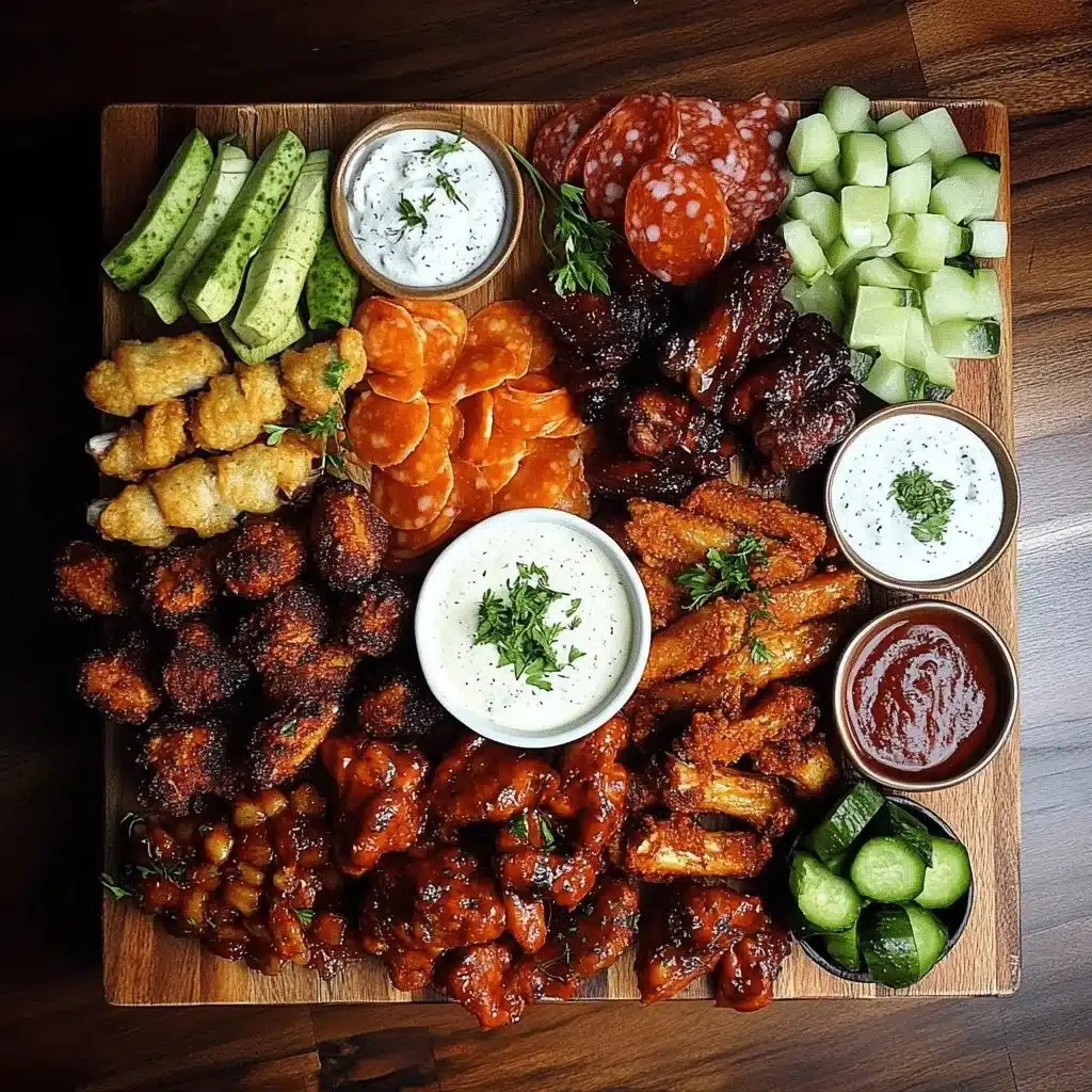 Delicious chicken wing charcuterie board with dips and sides