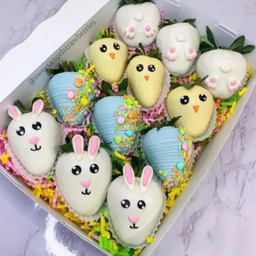 Delicious chocolate covered Easter berries on a festive platter