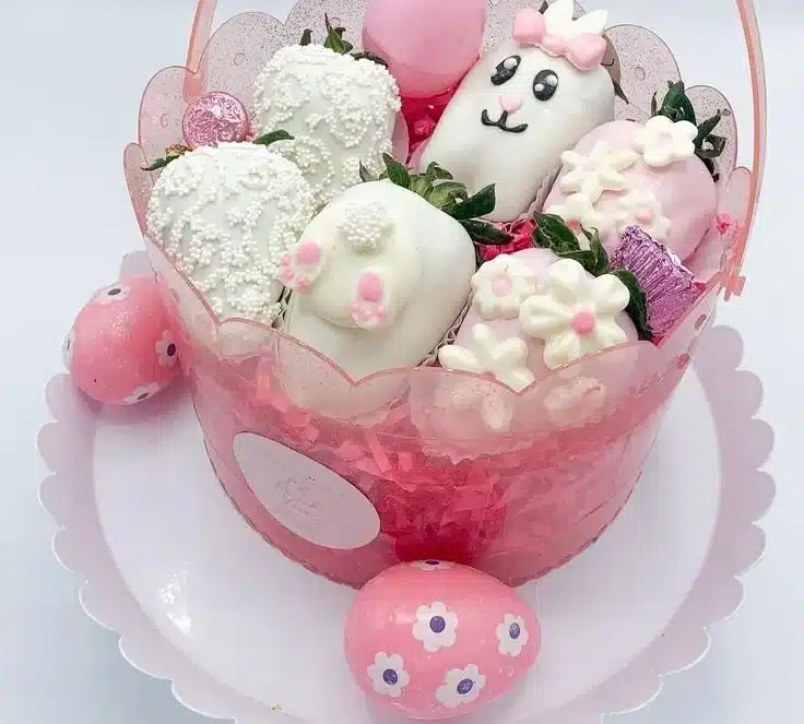 Easter basket filled with decorated chocolate covered strawberries