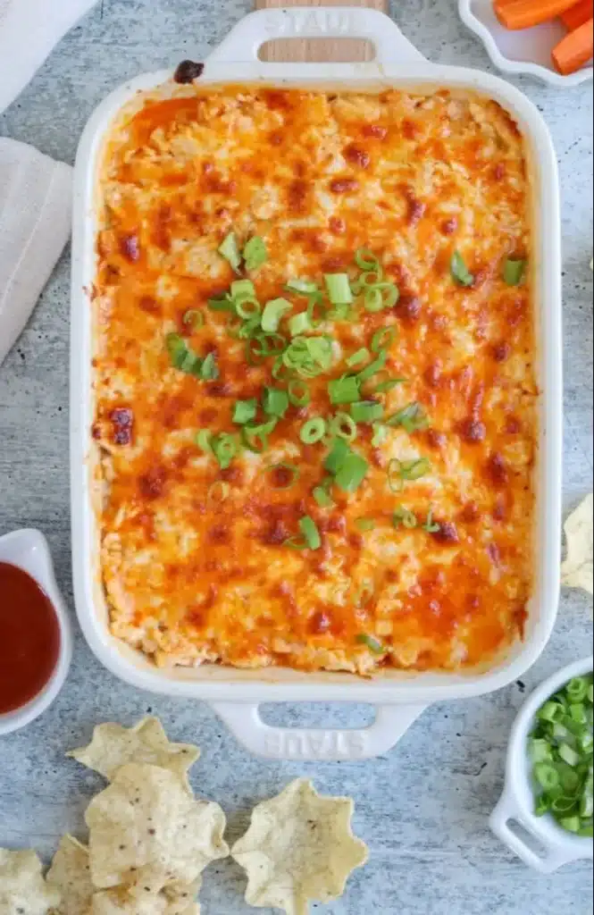 Delicious Cottage Cheese Buffalo Chicken Dip served in a bowl