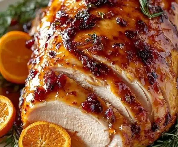 Cranberry Orange Glazed Turkey Breast served on a festive table