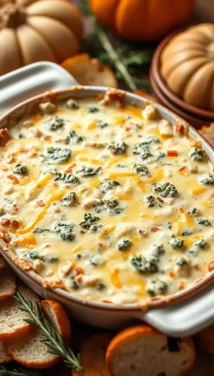 Creamy spinach artichoke dip served in a bowl with fresh bread for dipping