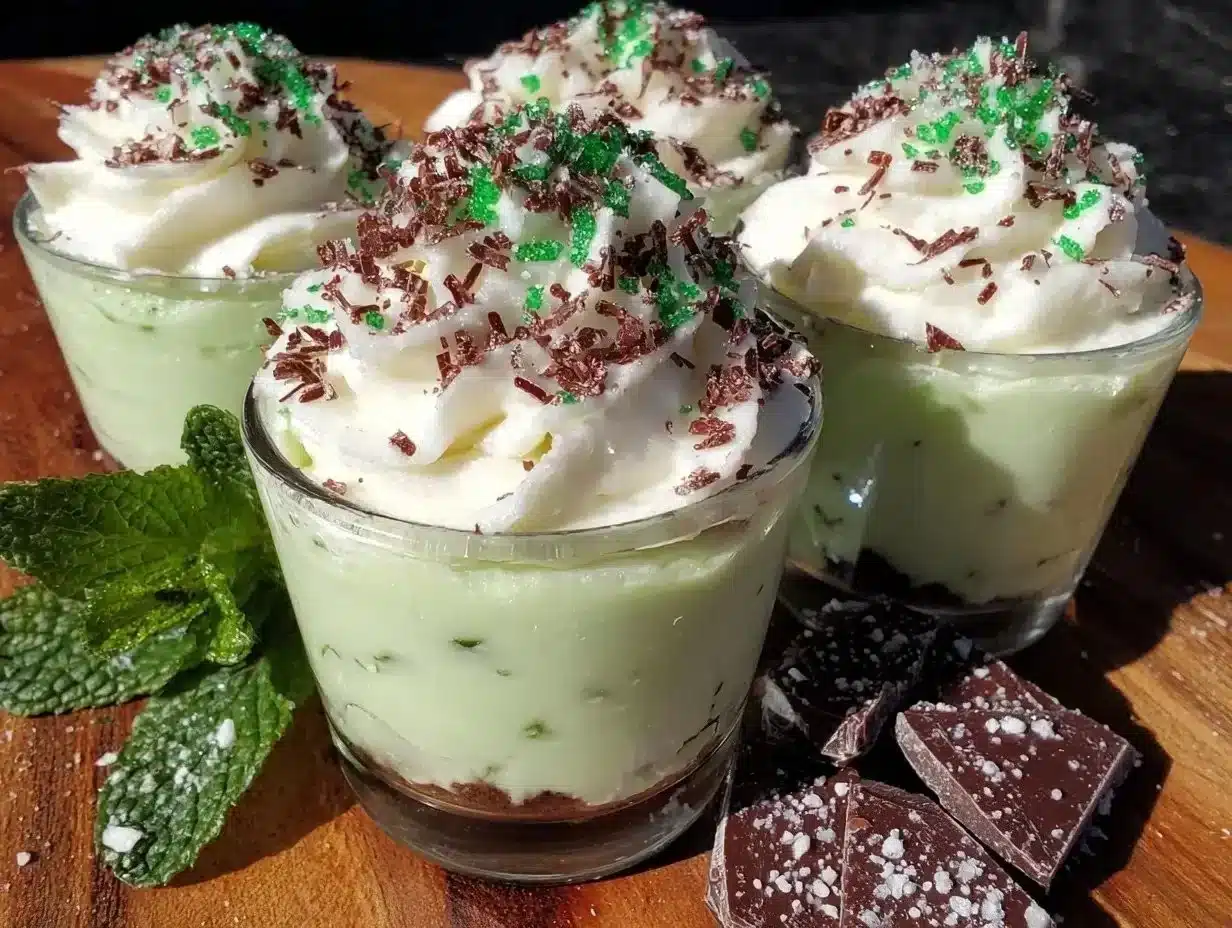 Creamy St. Patrick's Irish Mint Cheesecake Shooters in decorative glasses