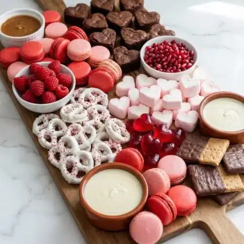 DIY Galentine's Dessert Charcuterie Board filled with sweets and treats