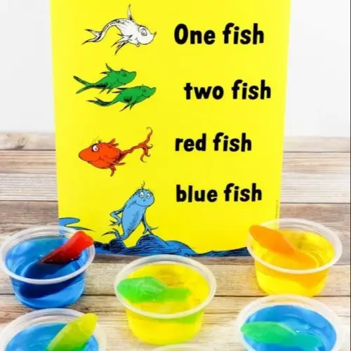 Colorful Dr. Seuss One Fish Two Fish Jello Cups for a fun dessert