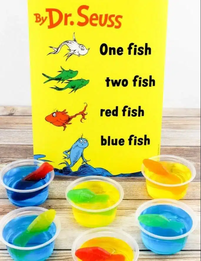 Colorful Dr. Seuss One Fish Two Fish Jello Cups for a fun dessert
