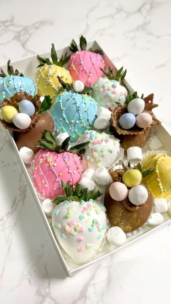 Easter theme chocolate covered strawberries decorated for spring festivities
