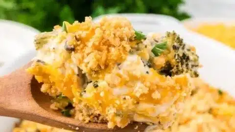 Delicious broccoli cheese casserole topped with buttery Ritz crackers.