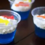 Colorful One Fish Two Fish jello cups served in clear cups