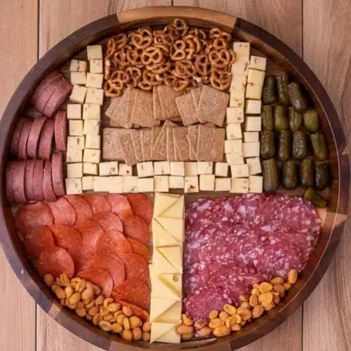 Delicious Football Charcuterie Board filled with meats, cheeses, and snacks