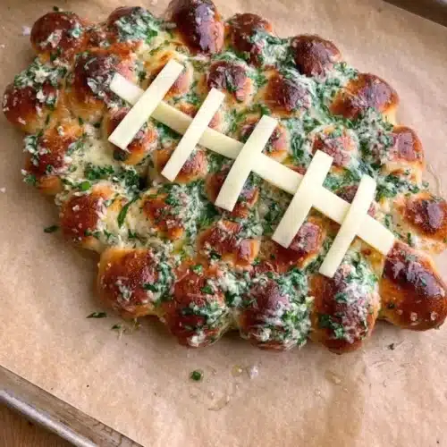 Football shaped cheesy stuffed garlic pull apart bread, perfect for game day