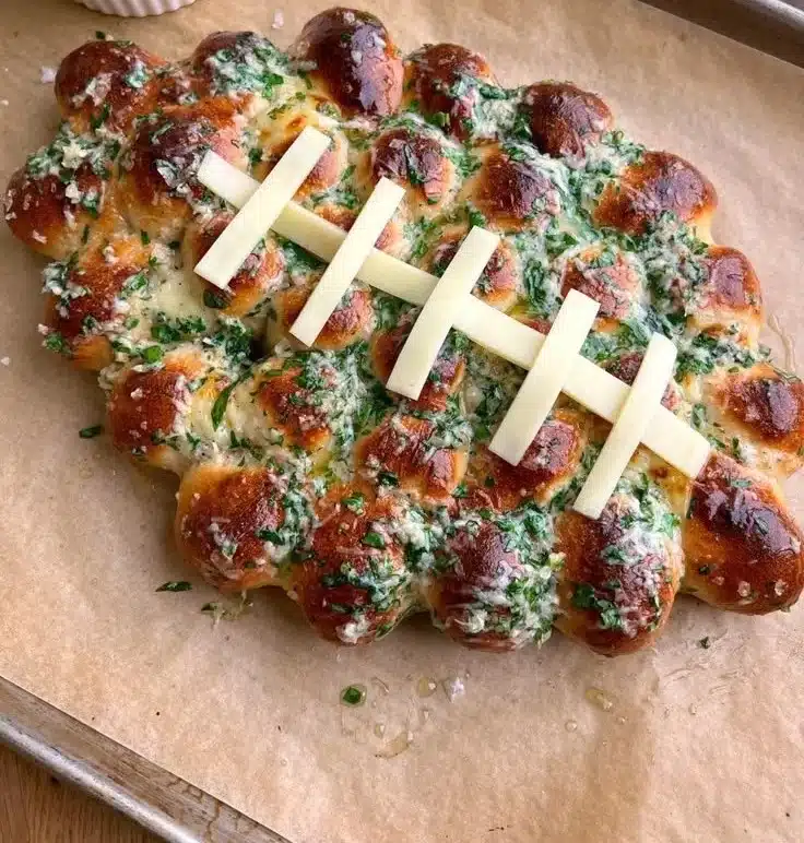 Football shaped cheesy stuffed garlic pull apart bread, perfect for game day