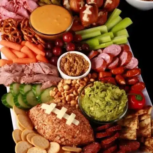 Delicious Game Day charcuterie board with meats, cheeses, and snacks