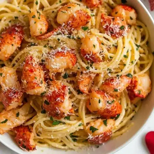 Delicious plate of garlic butter lobster pasta topped with herbs