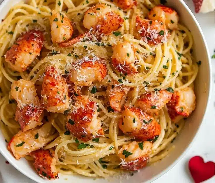 Delicious plate of garlic butter lobster pasta topped with herbs
