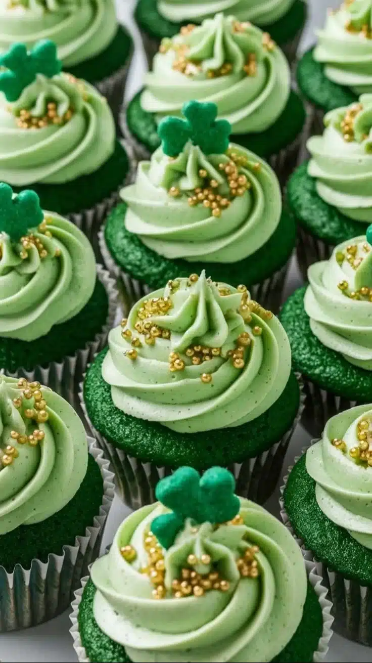 A batch of freshly baked Green Velvet Cupcakes decorated with cream cheese frosting.