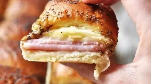 Ham and Havarti cheese sliders served on a platter