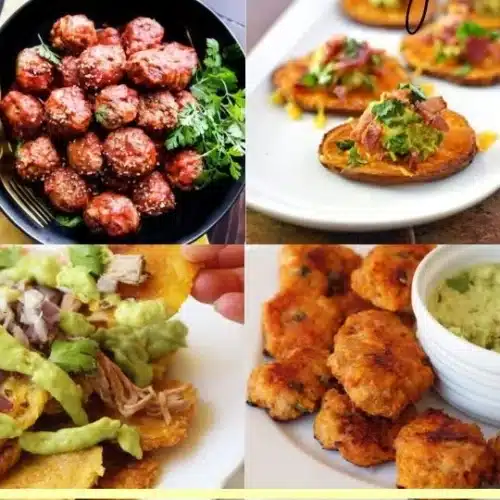 Assorted healthy party snacks including fruits, nuts, and veggie dips.