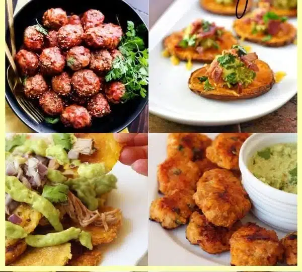 Assorted healthy party snacks including fruits, nuts, and veggie dips.