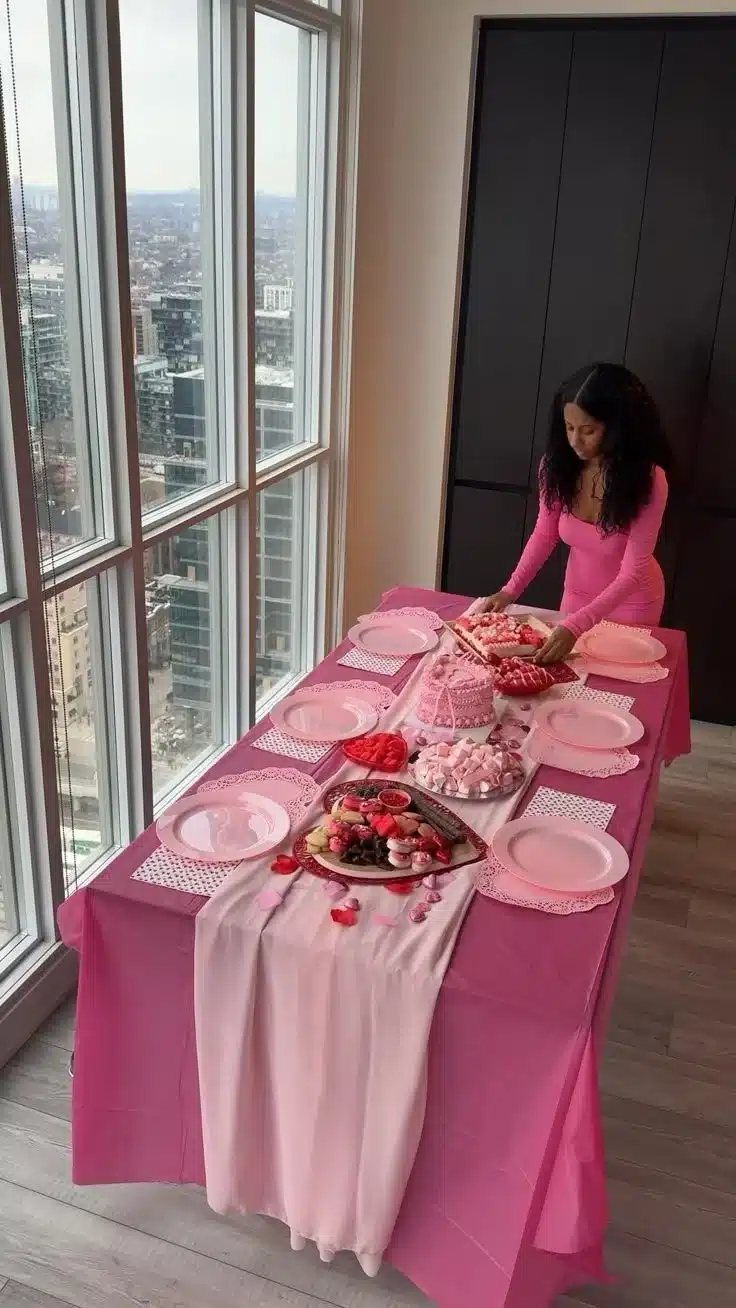 Setup for a beautiful Valentine's Day brunch with festive decorations.