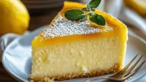 Traditional Irish lemon pudding cake served on a plate with fresh lemon slices