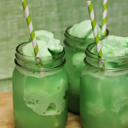St. Patrick's Day lime sherbet floats served in festive glasses