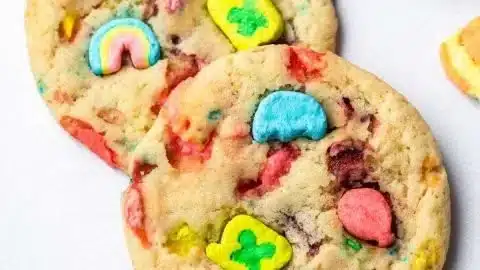Delicious Lucky Charms cookies with colorful marshmallows on a plate.