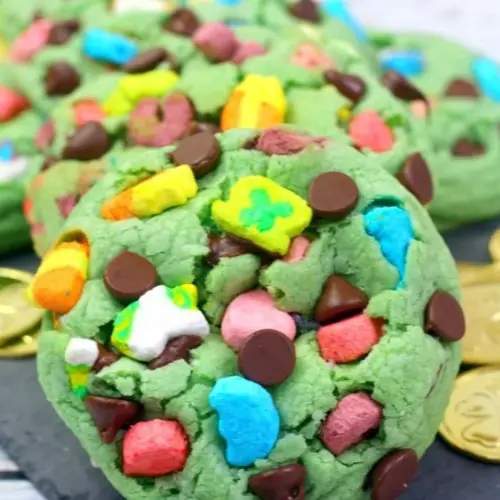 Colorful Lucky Charms Cookies fresh out of the oven for St. Patrick's Day.