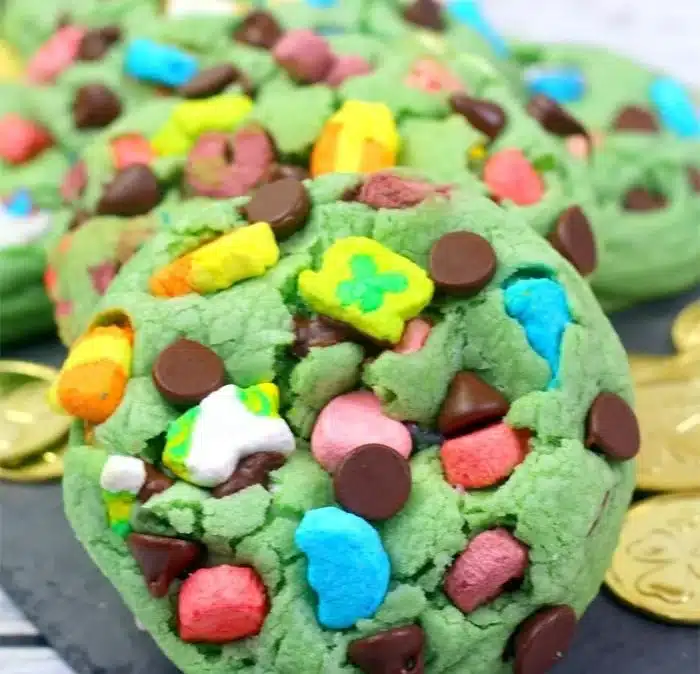 Colorful Lucky Charms Cookies fresh out of the oven for St. Patrick's Day.