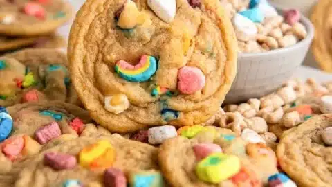 Quick and easy Lucky Charms Cookies with colorful marshmallows