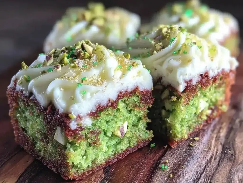 Moist St. Patrick's green velvet snack cake bars served on a plate