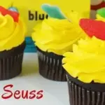 Colorful Seuss cupcakes inspired by Dr. Seuss characters and fishing themes.
