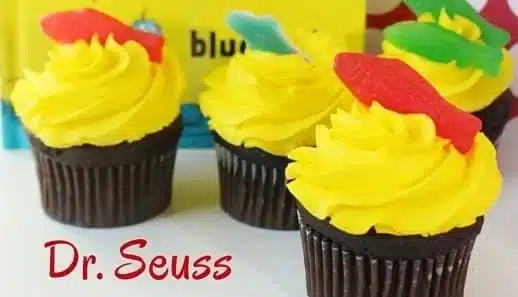 Colorful Seuss cupcakes inspired by Dr. Seuss characters and fishing themes.