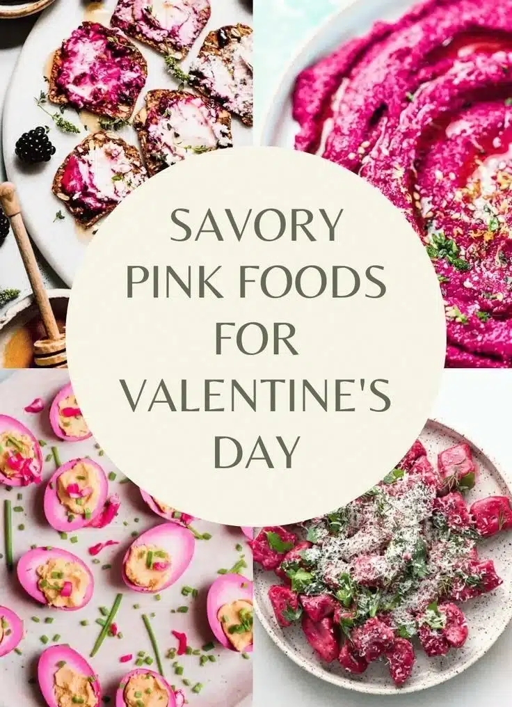 A variety of savory pink foods for Valentine's Day celebration.