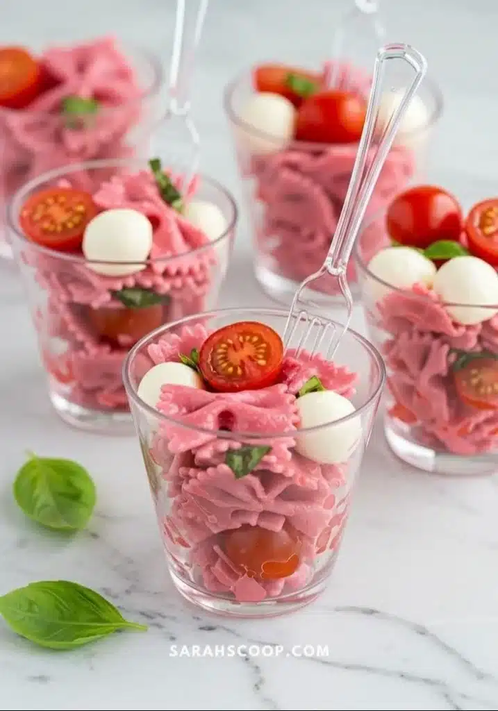 Colorful Pink Pasta Salad Cups served in stylish dishes