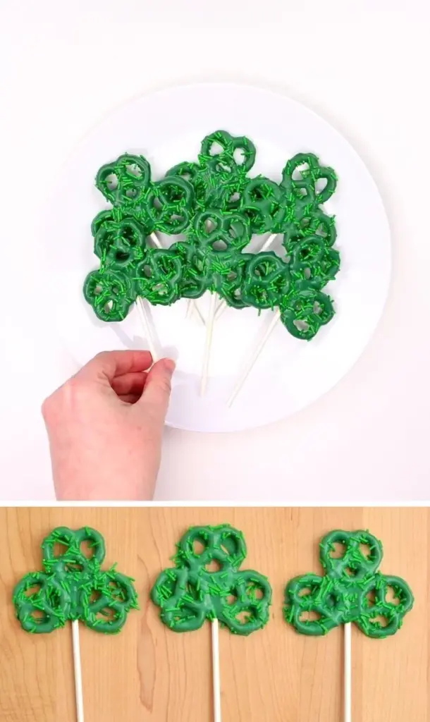 Plate of festive pretzel shamrocks for St. Patrick's Day celebration