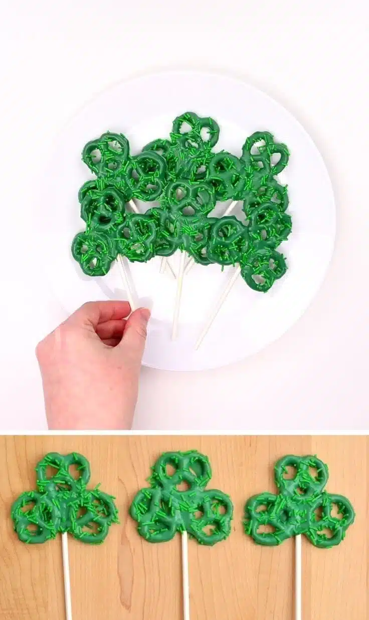 Plate of festive pretzel shamrocks for St. Patrick's Day celebration