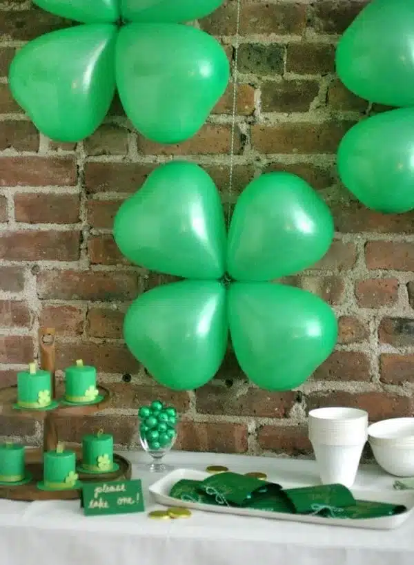Colorful shamrock balloons for St. Patrick's Day celebration decorations.