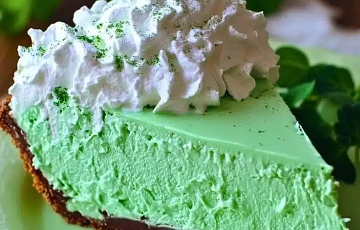 Delicious Shamrock Mint Milkshake Pie topped with whipped cream and mint leaves.