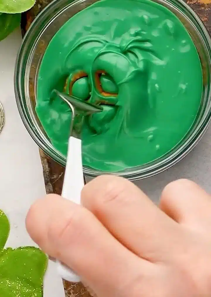 Freshly made Shamrock Pretzels decorated for St. Patrick's Day.