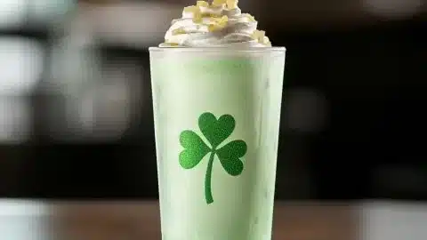 A refreshing Shamrock Shake topped with whipped cream and a cherry.