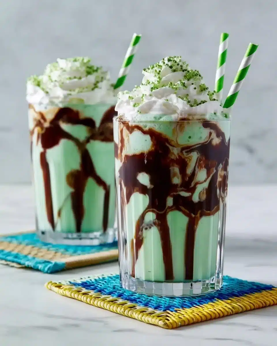 Delicious homemade Shamrock Shake in a glass with whipped cream and a straw.